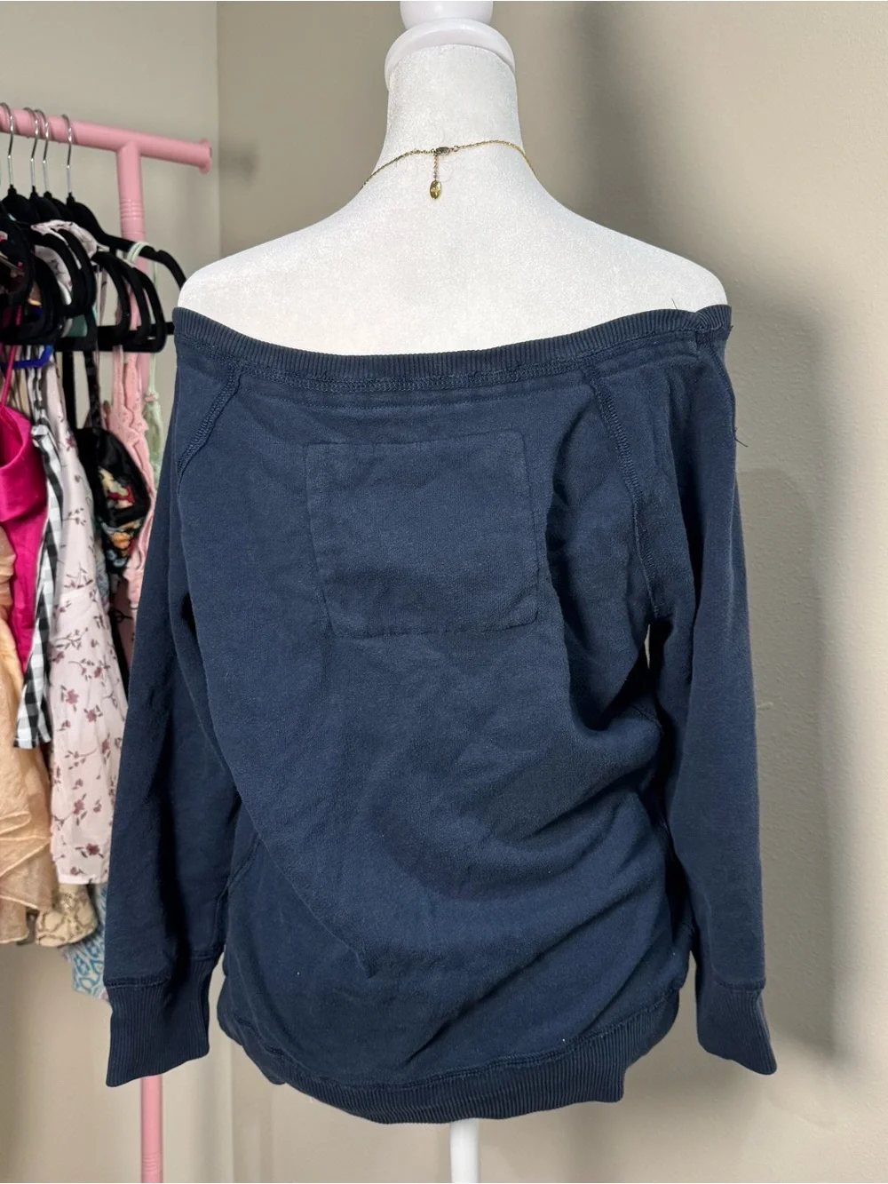 Abercrombie & Fitch Navy Off-the-Shoulder Sweatshirt Cream Chenille Logo